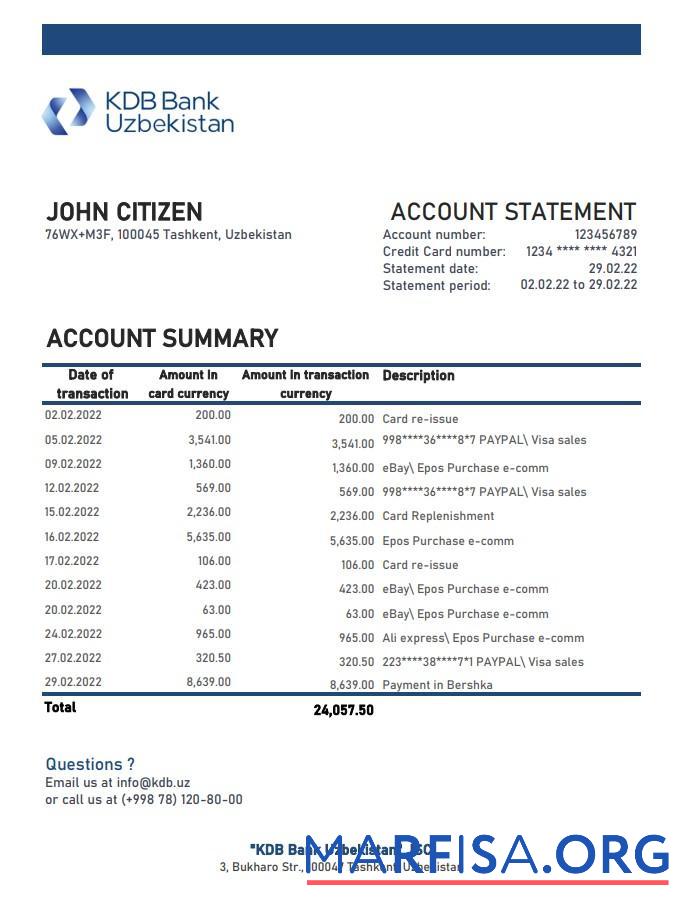 Printable Uzbekistan KDB bank statement excel download for verification